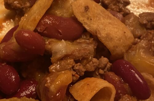 close up for my half devoured Frito chili casserole
